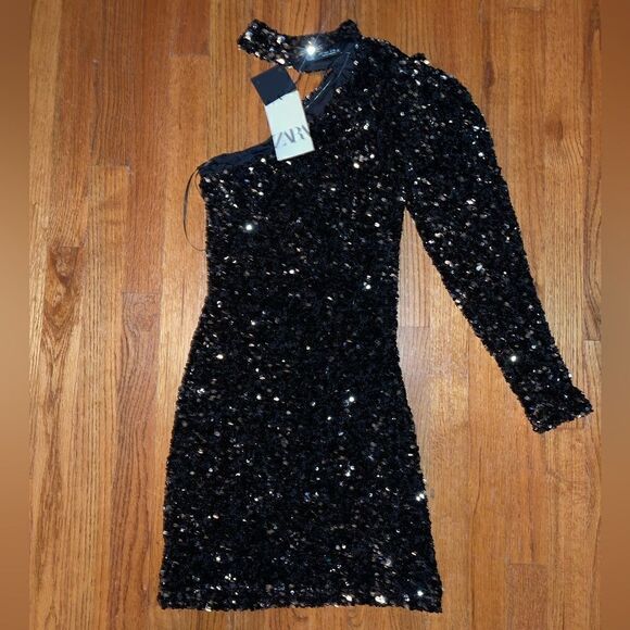 Zara Asymmetrical Sequin Mini Dress Size Small - Picture 11 of 12